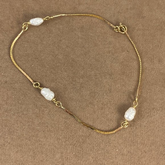 Vintage Jewelry - Vintage 14K Gold Cobra Chain & Rice Pearl Bracelet